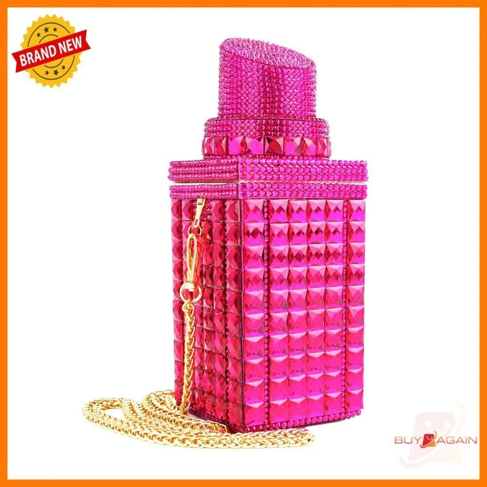 Mini Rhinestone Evening Clutch with Chain, Lipstick Shape, 8.4 Inches